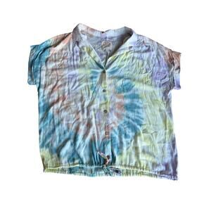 Chaser short sleeve tie dye button tie waist top womens large